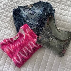 ONE WORLD Tunic Womens Medium Lot of 3 Tops Pink Gray Blue Bohemian Casual Chic